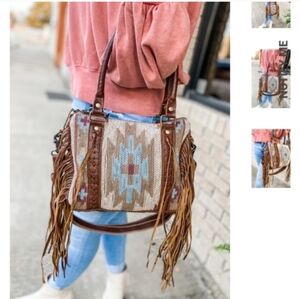 Myra Bag Aztec Brown and Blue Shoulder Bag with Fringe
